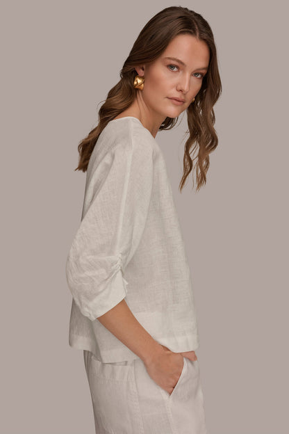 LINEN TWIST CUFF SLEEVE BLOUSE