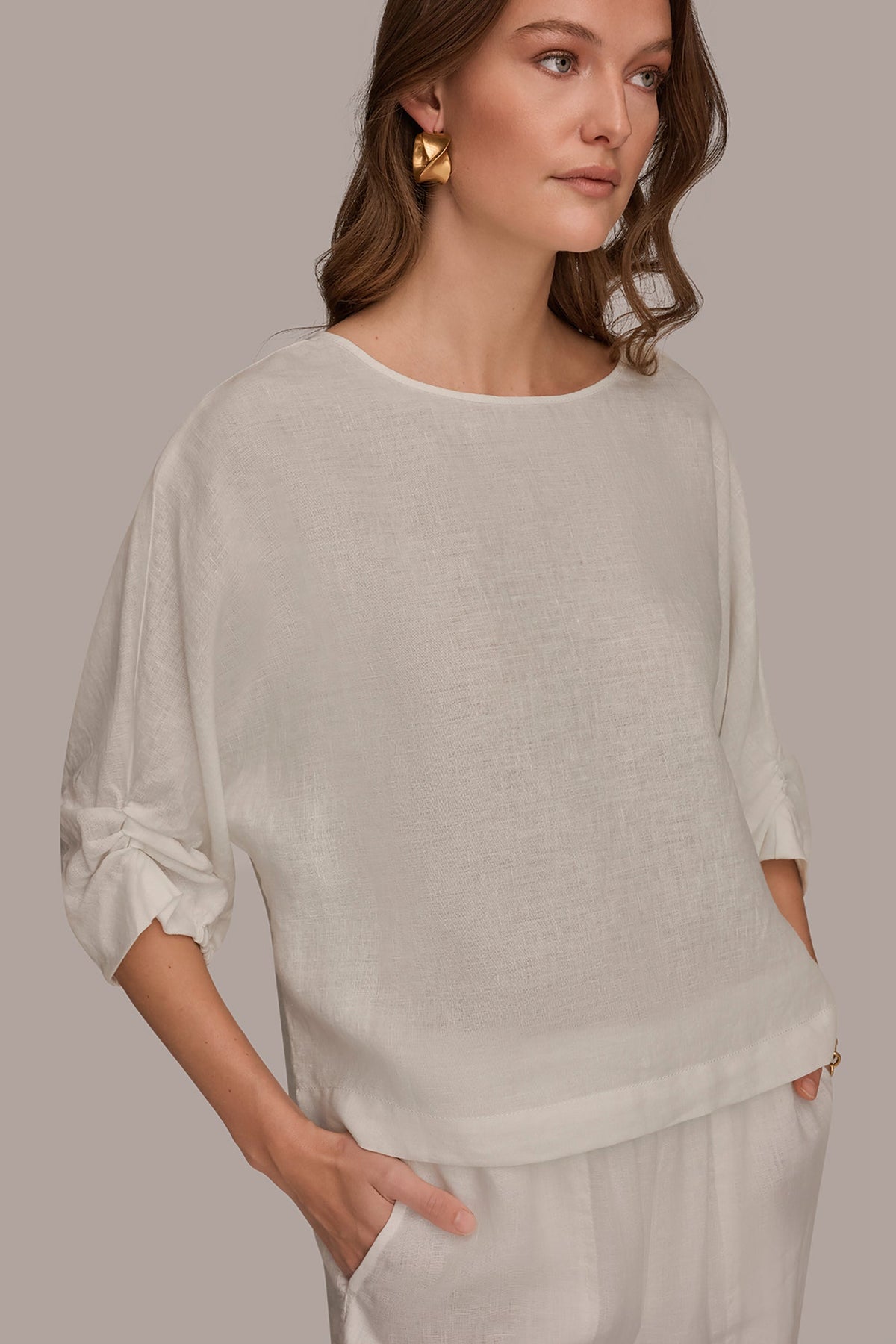 LINEN TWIST CUFF SLEEVE BLOUSE