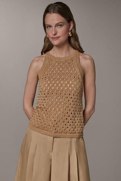 SLEEVELESS OPEN-STITCH HALTER SWEATER