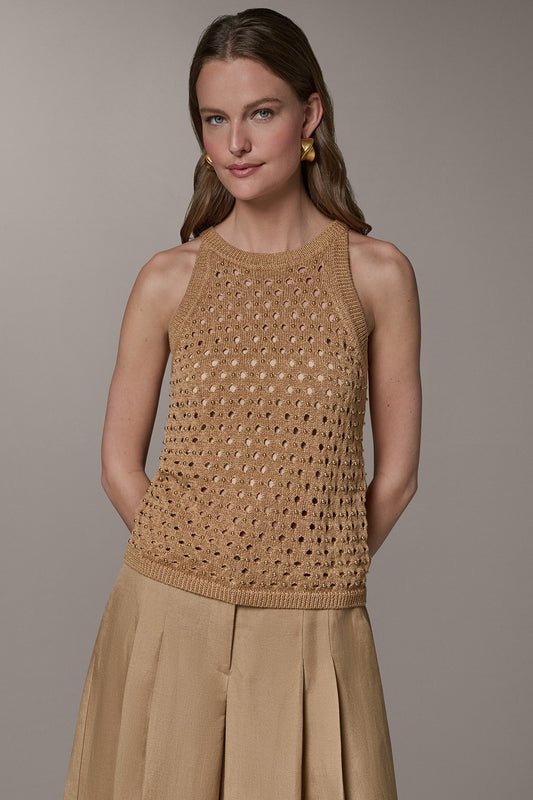 SLEEVELESS OPEN-STITCH HALTER SWEATER