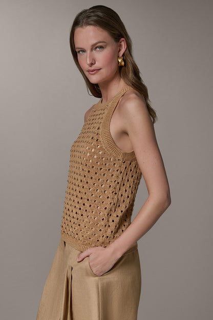 SLEEVELESS OPEN-STITCH HALTER SWEATER