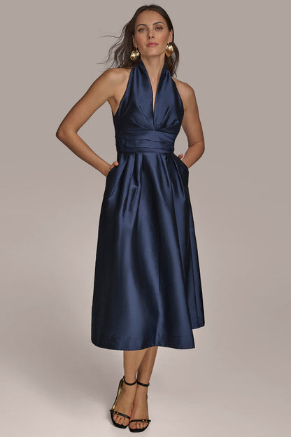 SLEEVELESS V-NECK TAFFETA MIDI COCKTAIL DRESS