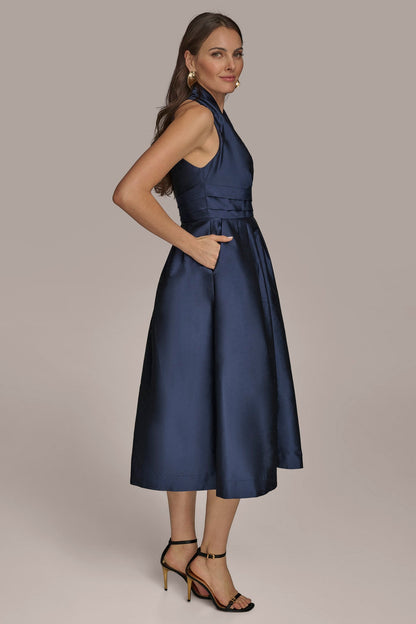 SLEEVELESS V-NECK TAFFETA MIDI COCKTAIL DRESS