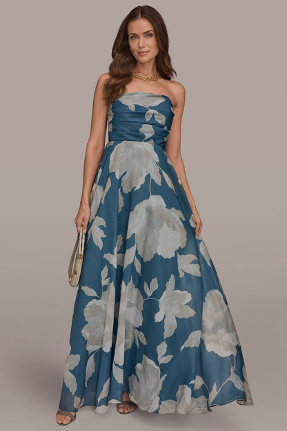 ORGANZA STRAPLESS FLORAL PLEATED GOWN