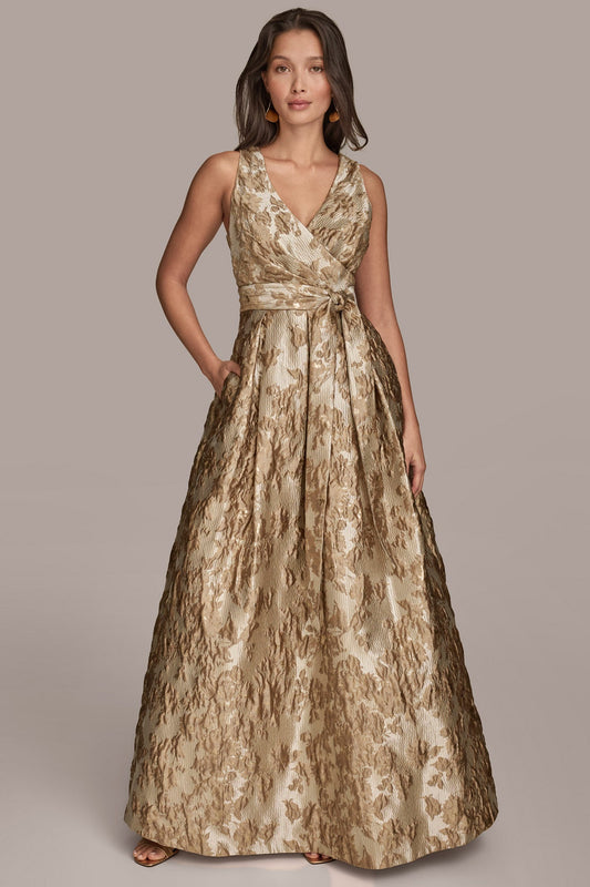 BROCADE SLEEVELESS WRAP BALL GOWN