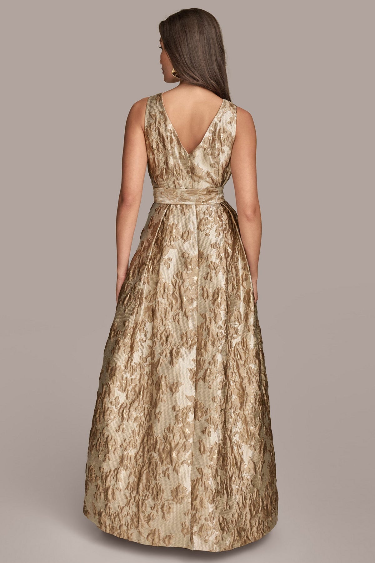 BROCADE SLEEVELESS WRAP BALL GOWN