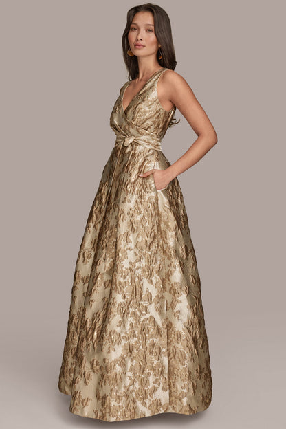 BROCADE SLEEVELESS WRAP BALL GOWN