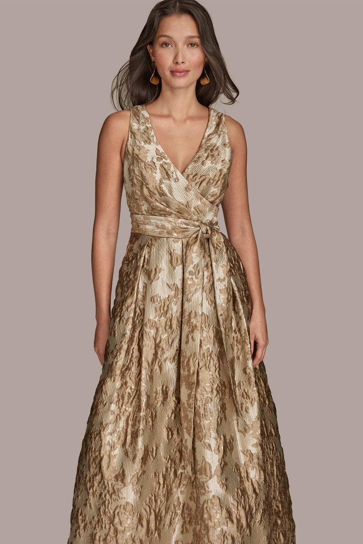 BROCADE SLEEVELESS WRAP BALL GOWN