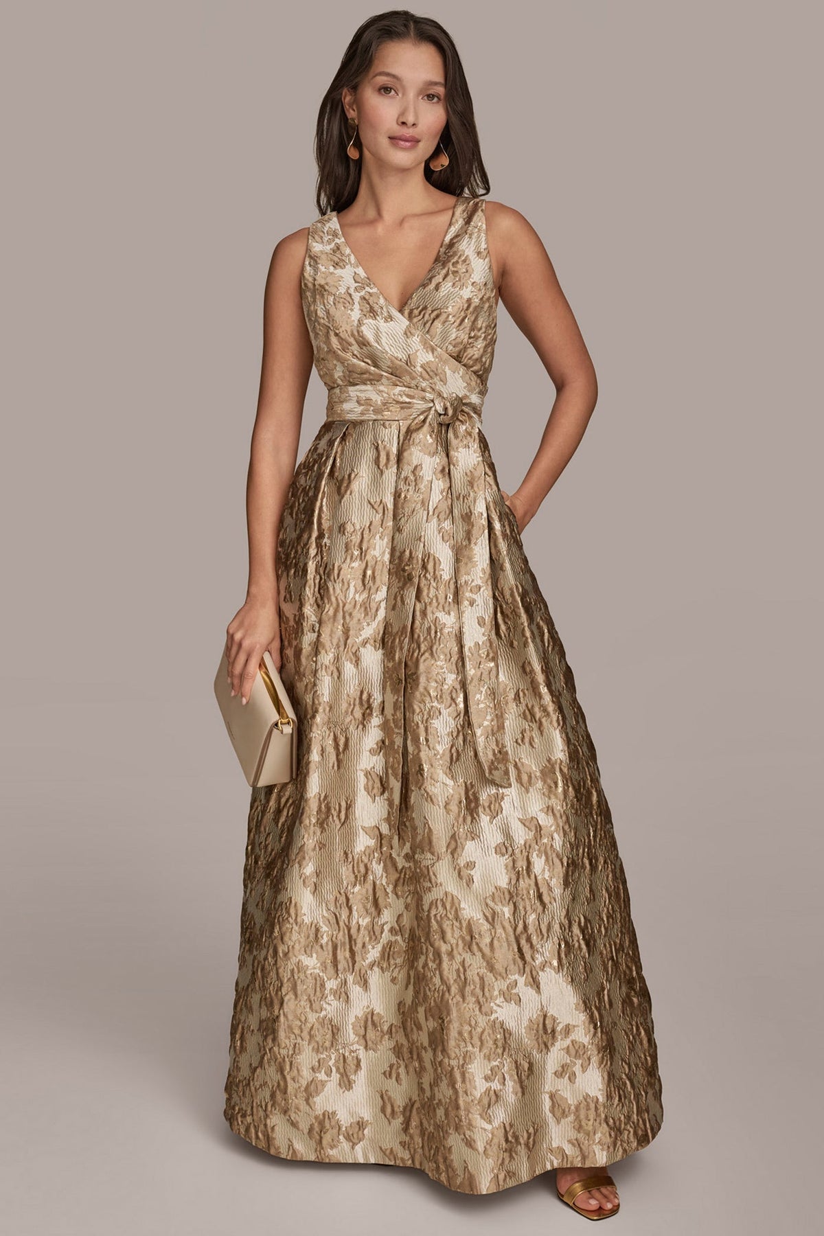 BROCADE SLEEVELESS WRAP BALL GOWN