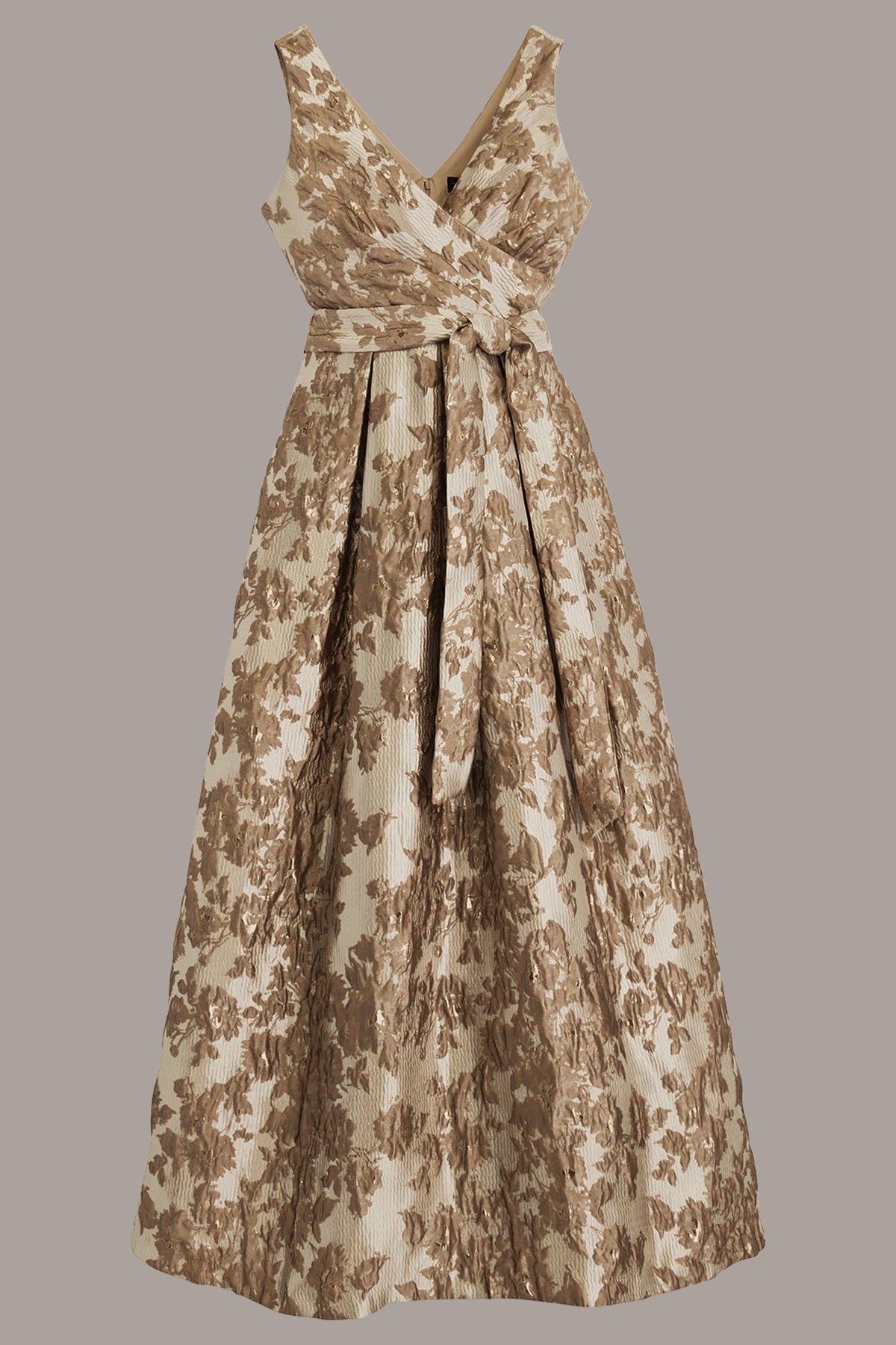 BROCADE SLEEVELESS WRAP BALL GOWN