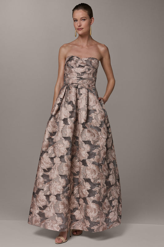 FLORAL-JACQUARD STRAPLESS BALL GOWN