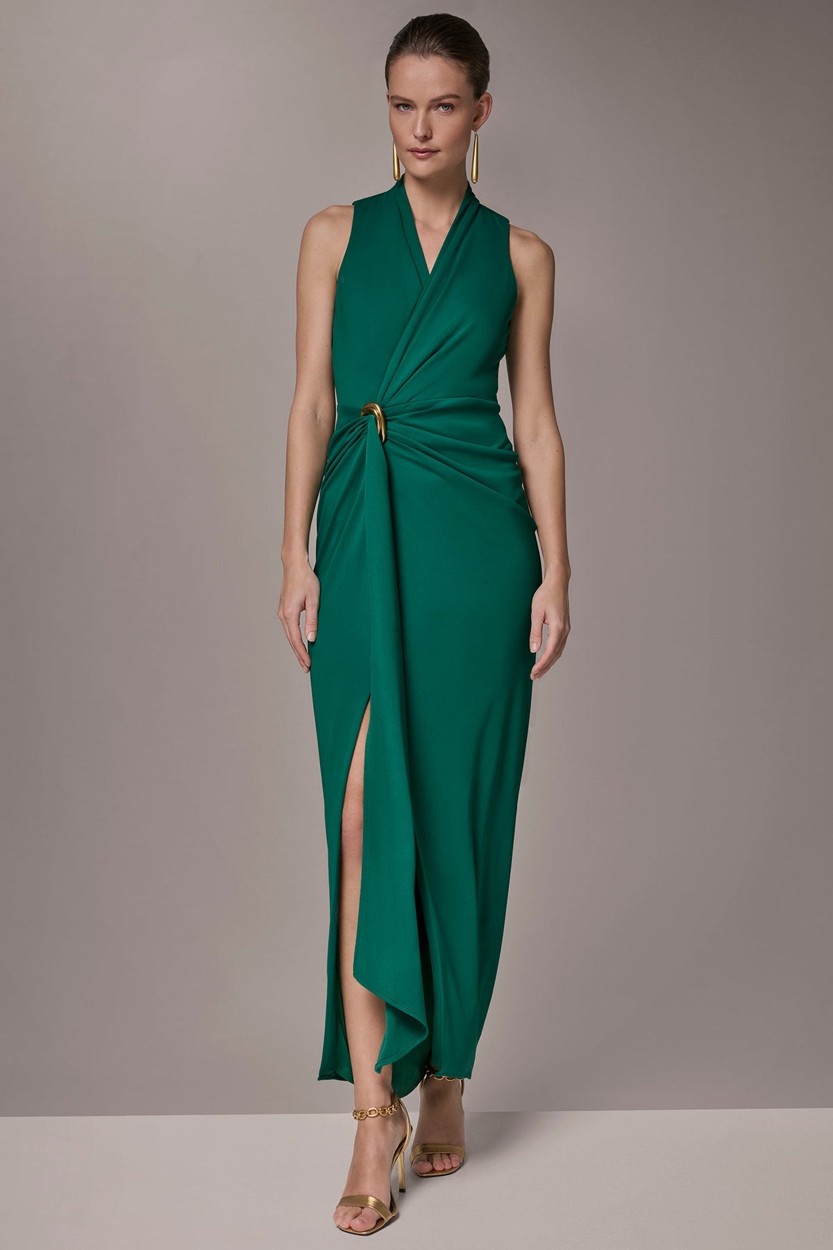 SLEEVELESS WRAP V-NECK GOWN