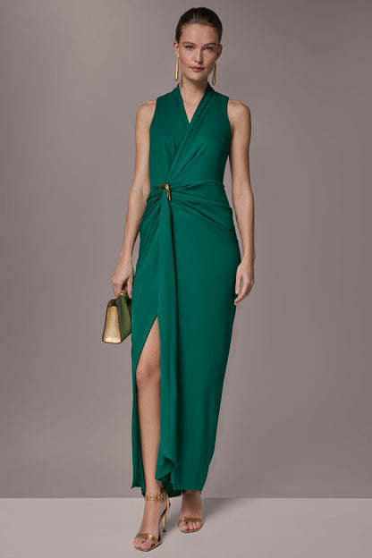 SLEEVELESS WRAP V-NECK GOWN