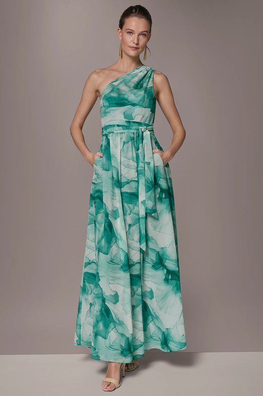 CHIFFON FLORAL ONE-SHOULDER GOWN