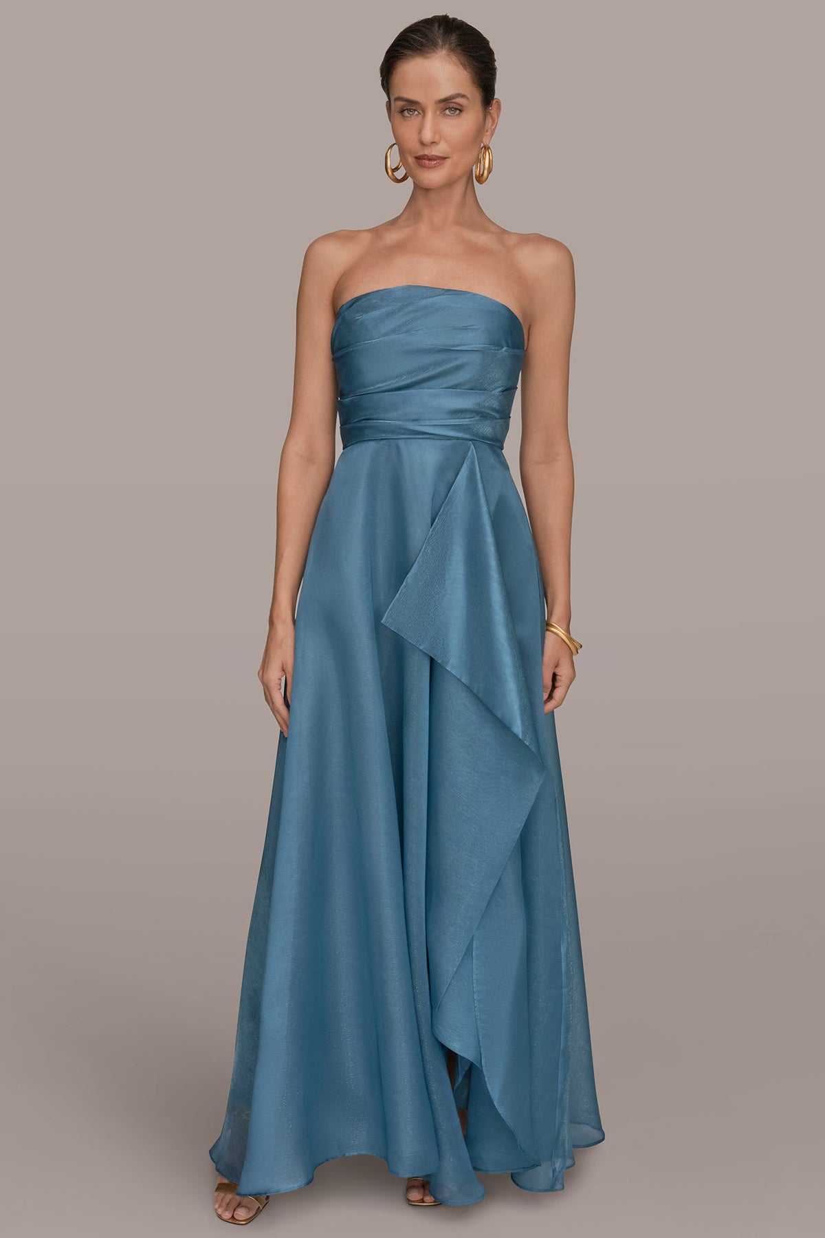 STRAPLESS RUFFLE A-LINE GOWN