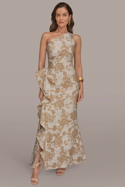 FLORAL-JACQUARD ONE-SHOULDER RUFFLE GOWN