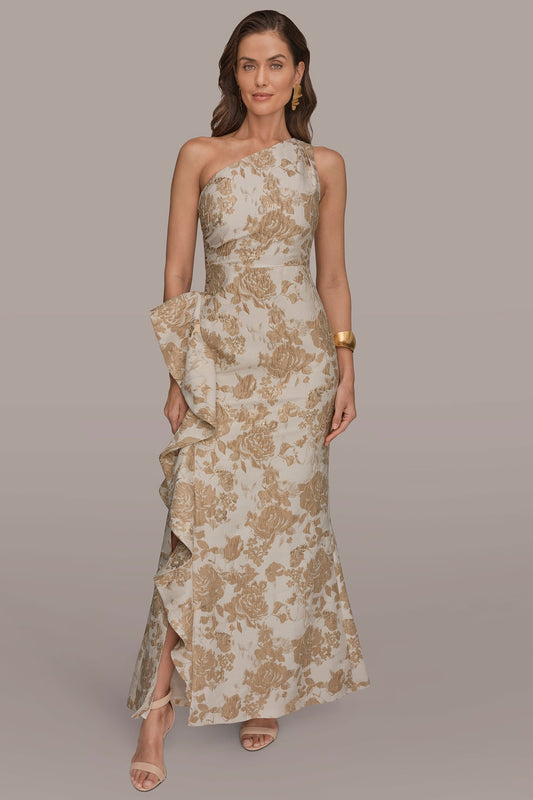 FLORAL-JACQUARD ONE-SHOULDER RUFFLE GOWN