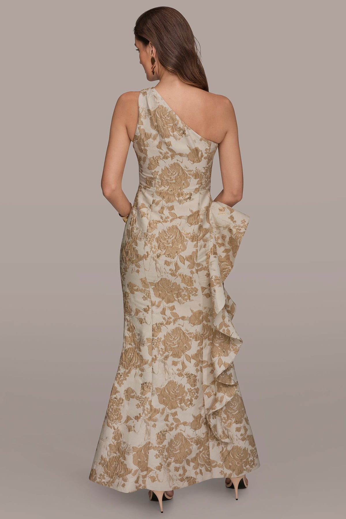 FLORAL-JACQUARD ONE-SHOULDER RUFFLE GOWN
