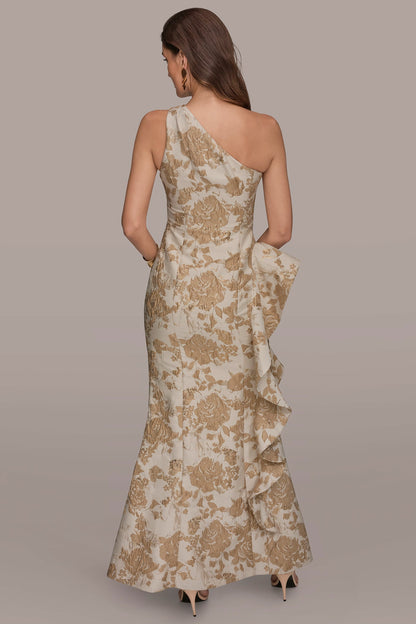 FLORAL-JACQUARD ONE-SHOULDER RUFFLE GOWN