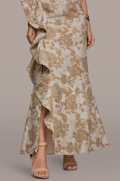 FLORAL-JACQUARD ONE-SHOULDER RUFFLE GOWN