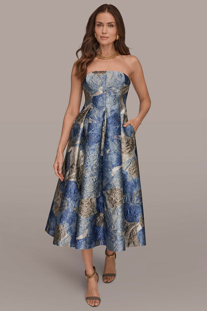 METALLIC FLORAL-JACQUARD SLEEVELESS MIDI GOWN
