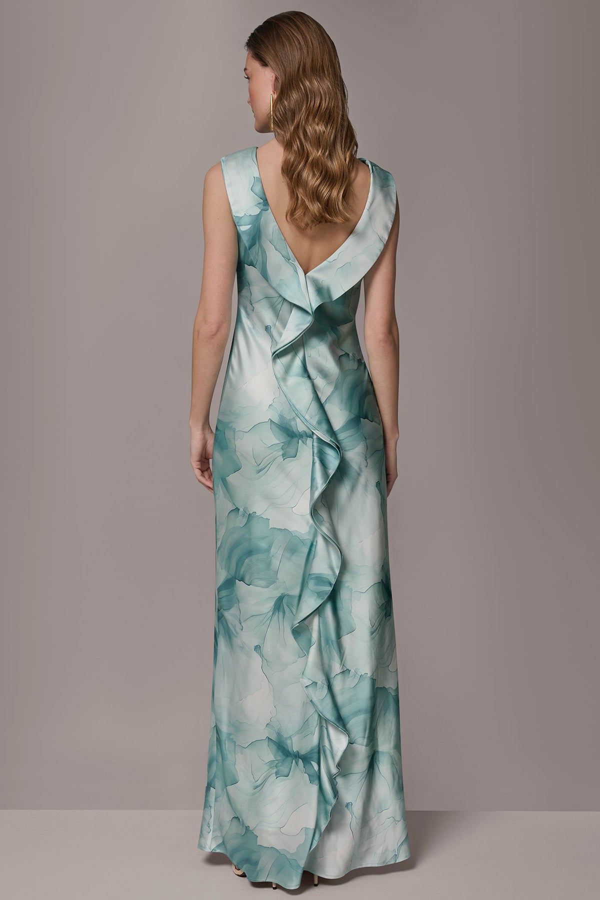 CHARMEUSE FLORAL RUFFLE GOWN