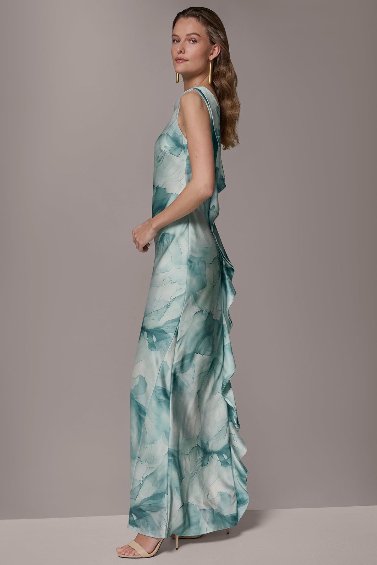 CHARMEUSE FLORAL RUFFLE GOWN