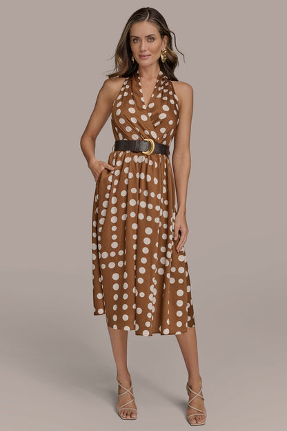 SLEEVELESS POLKA DOT MIDI FIT AND FLARE DRESS