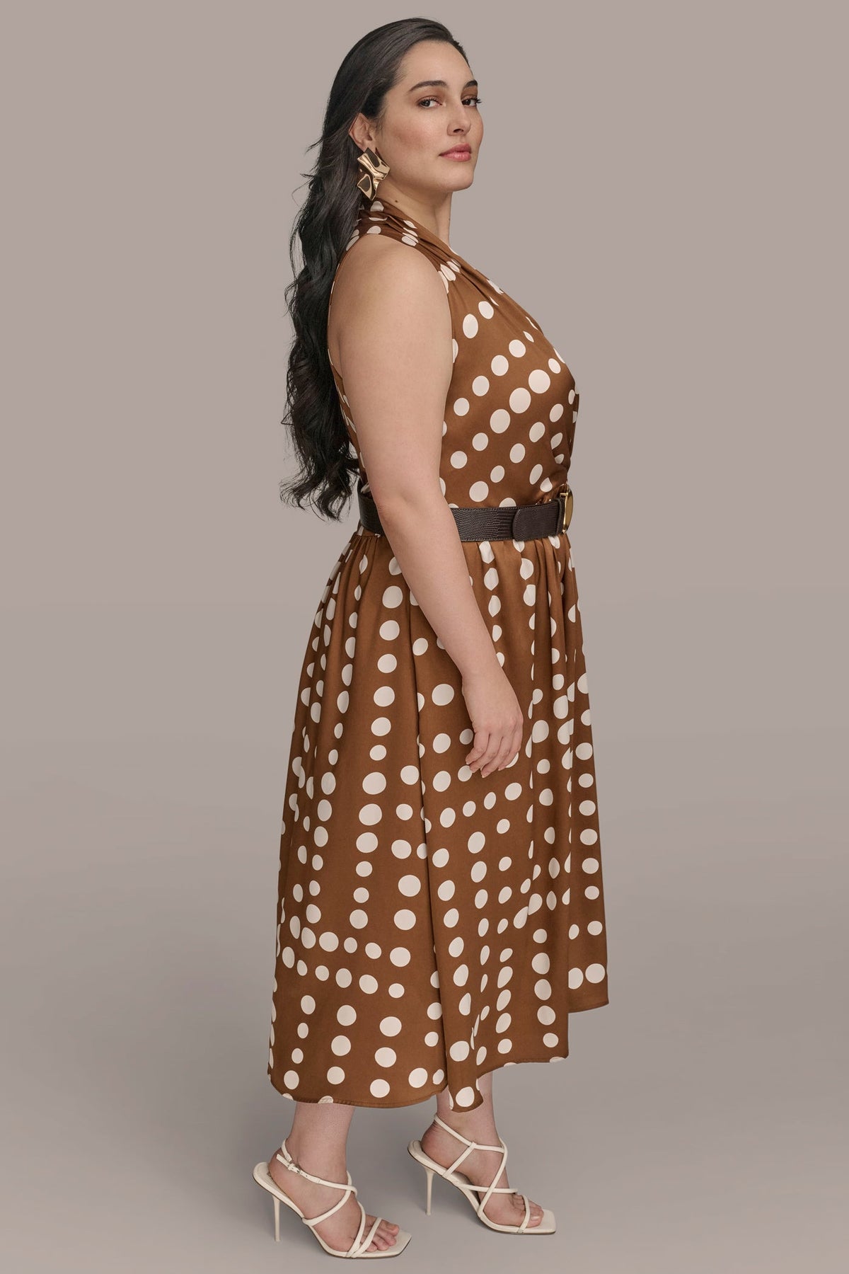 SLEEVELESS POLKA DOT MIDI FIT AND FLARE DRESS