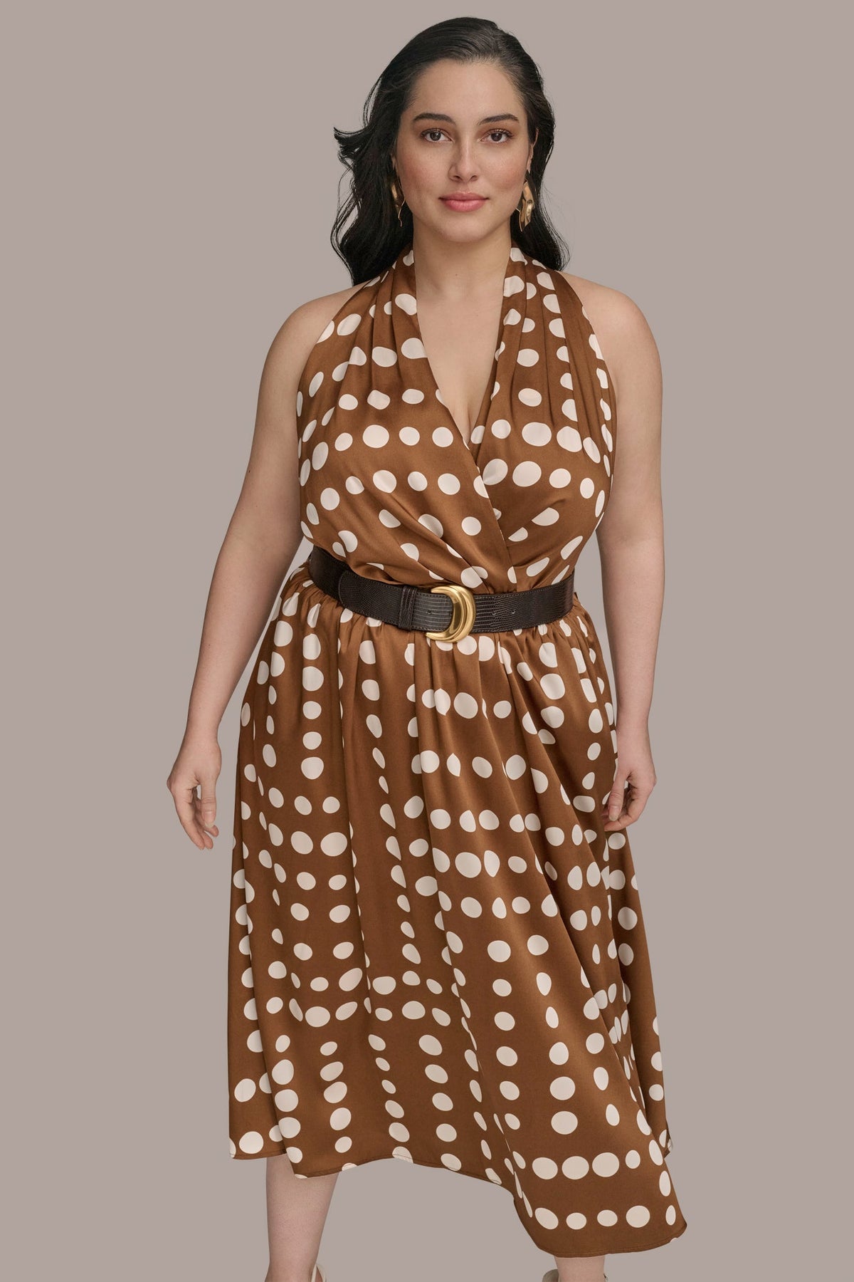 SLEEVELESS POLKA DOT MIDI FIT AND FLARE DRESS