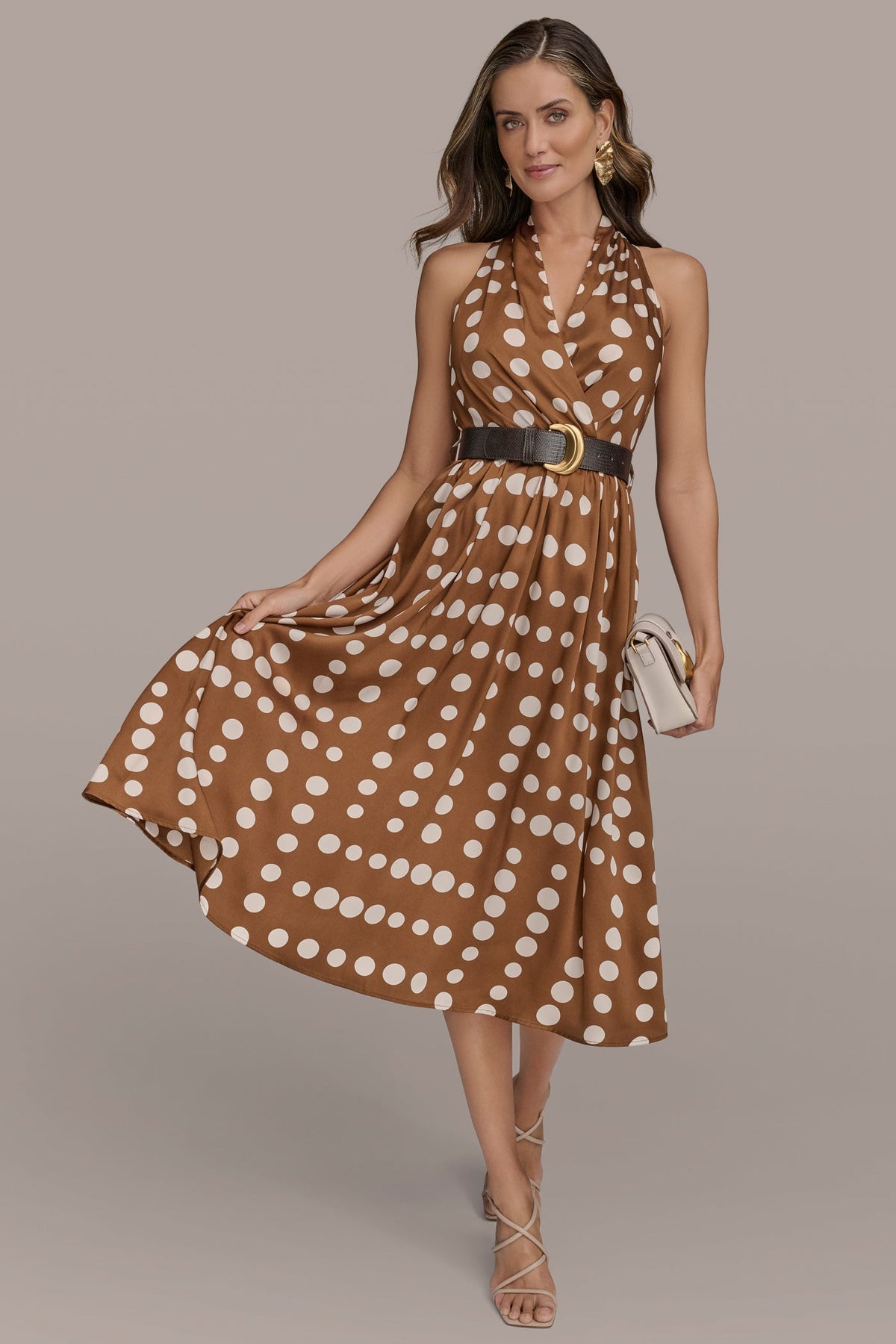 SLEEVELESS POLKA DOT MIDI FIT AND FLARE DRESS