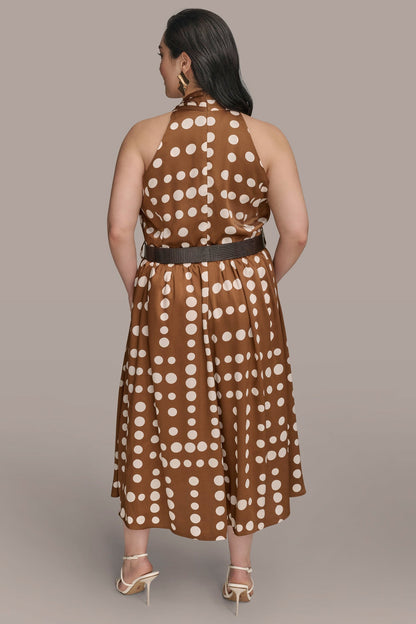 SLEEVELESS POLKA DOT MIDI FIT AND FLARE DRESS