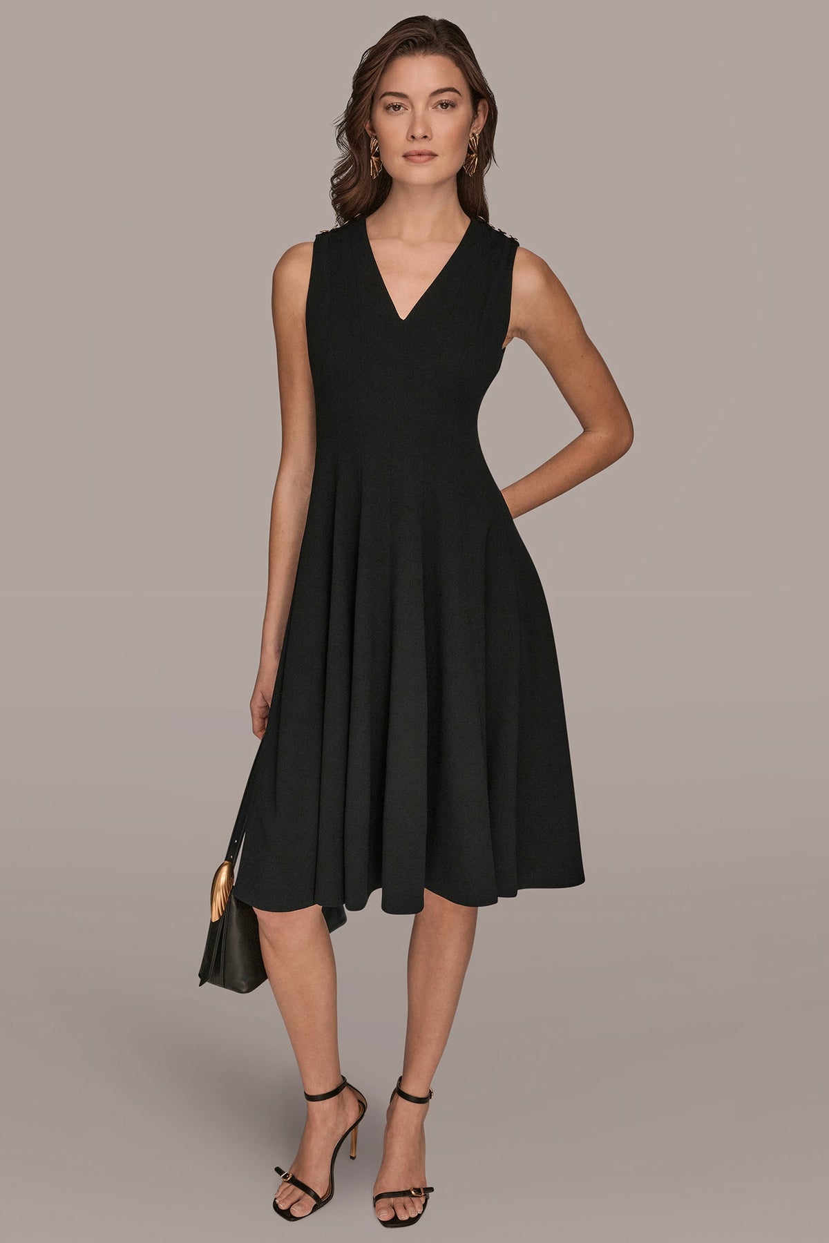 SLEEVELESS BUTTON MIDI FIT AND FLARE DRESS