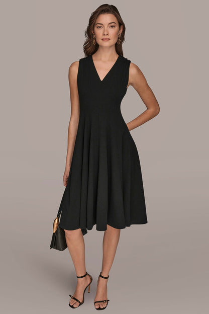 SLEEVELESS BUTTON MIDI FIT AND FLARE DRESS