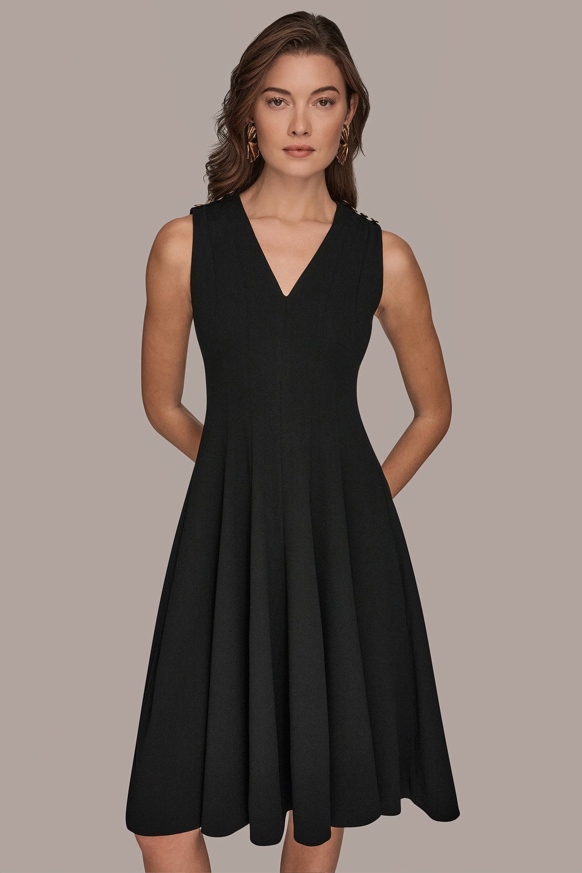 SLEEVELESS BUTTON MIDI FIT AND FLARE DRESS