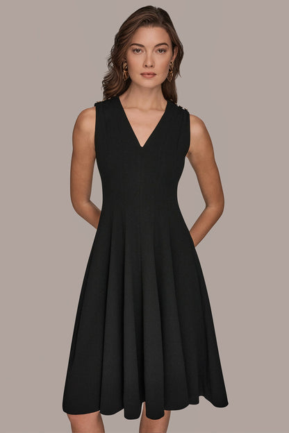 SLEEVELESS BUTTON MIDI FIT AND FLARE DRESS