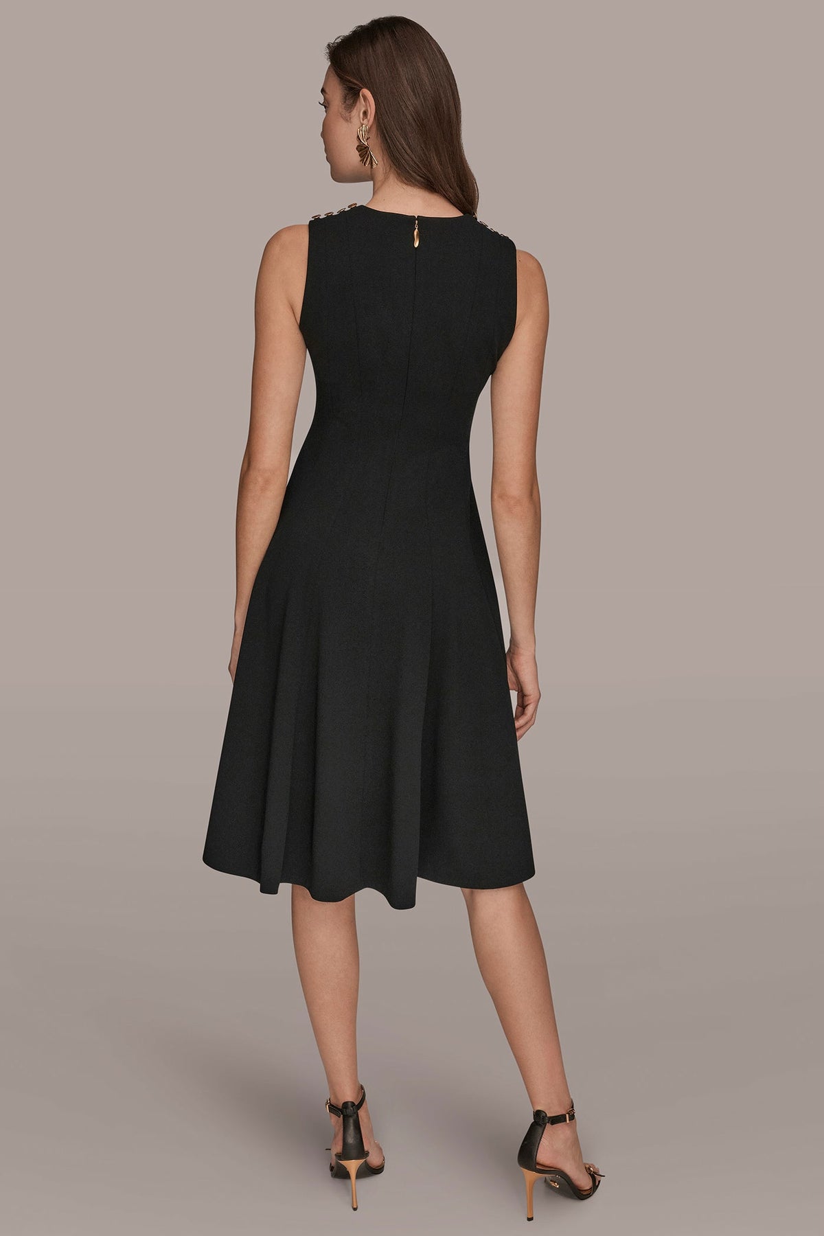 SLEEVELESS BUTTON MIDI FIT AND FLARE DRESS