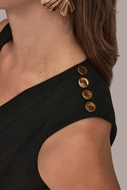 SLEEVELESS BUTTON MIDI FIT AND FLARE DRESS