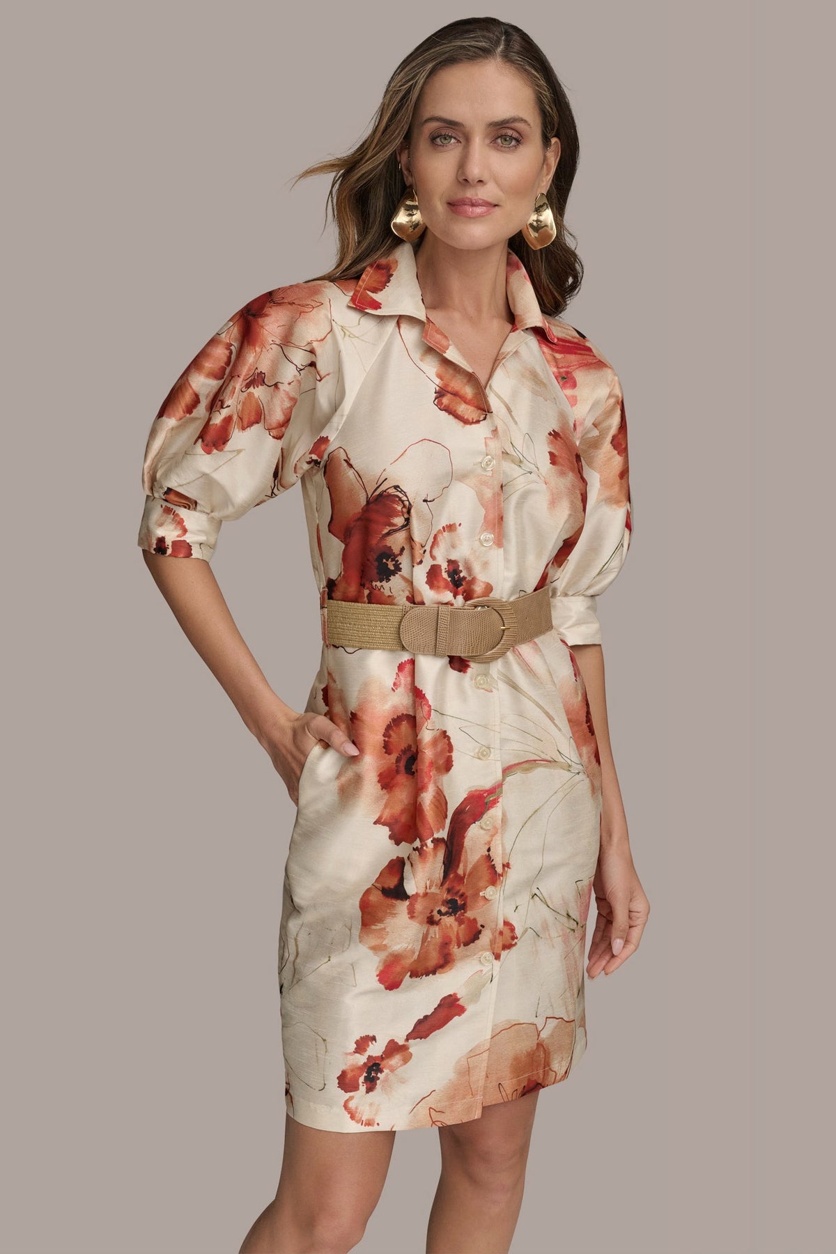 FLORAL PUFF SLEEVE MINI SHIRT DRESS