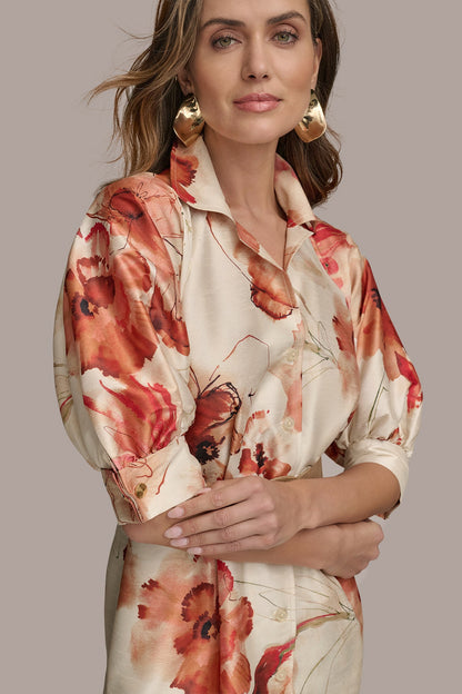 FLORAL PUFF SLEEVE MINI SHIRT DRESS