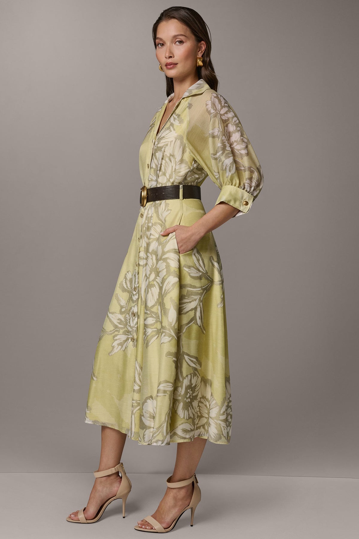 PUFF SLEEVE MIDI SHIRT DRESS