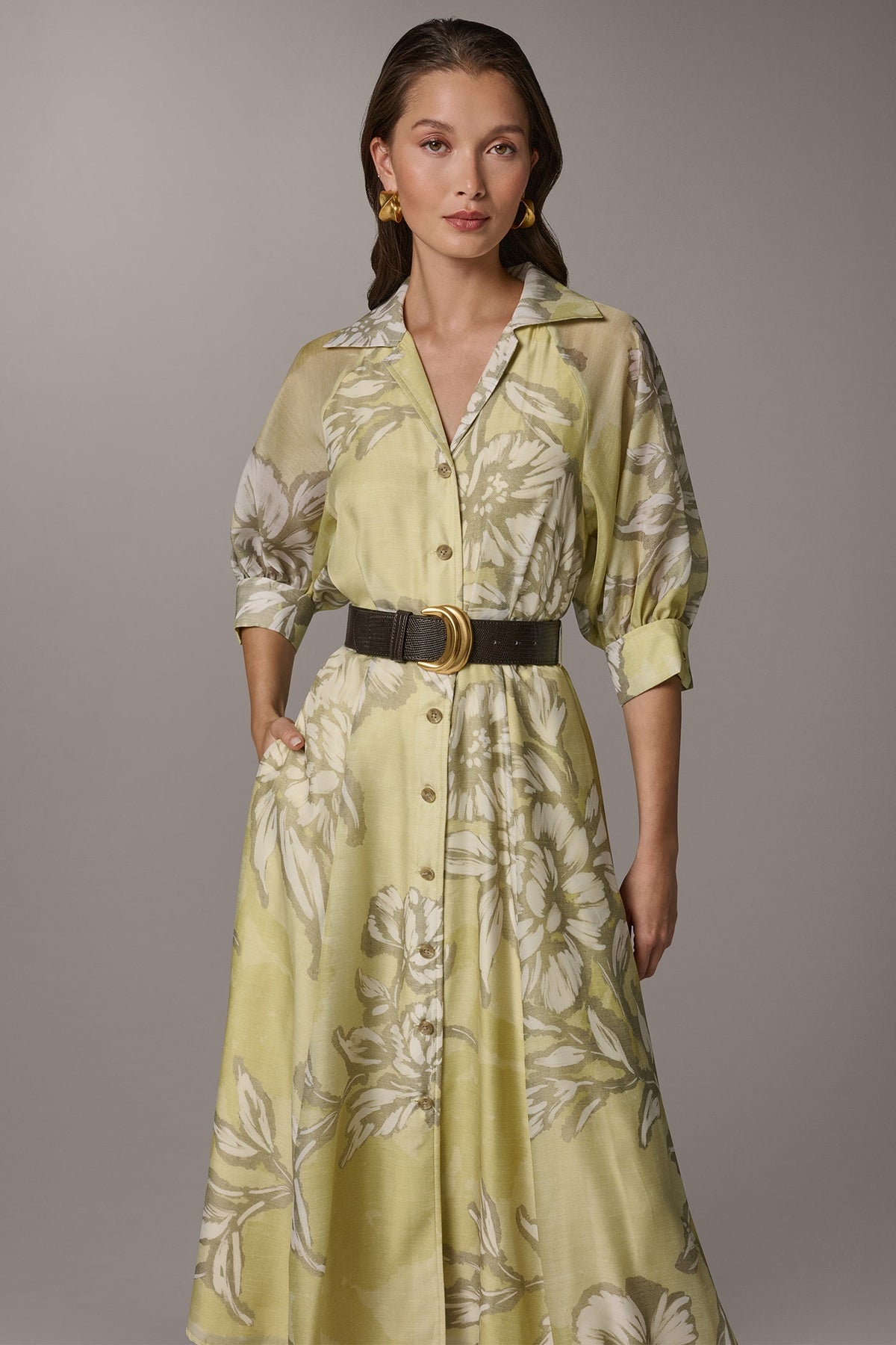 PUFF SLEEVE MIDI SHIRT DRESS
