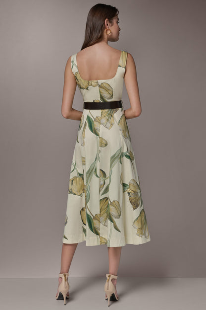 COTTON-SATEEN PRINTED MIDI A-LINE DRESS