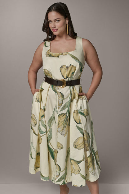 COTTON-SATEEN PRINTED MIDI A-LINE DRESS