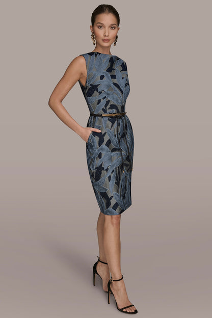 JACQUARD SLEEVELESS COWL-NECK SHEATH DRESS