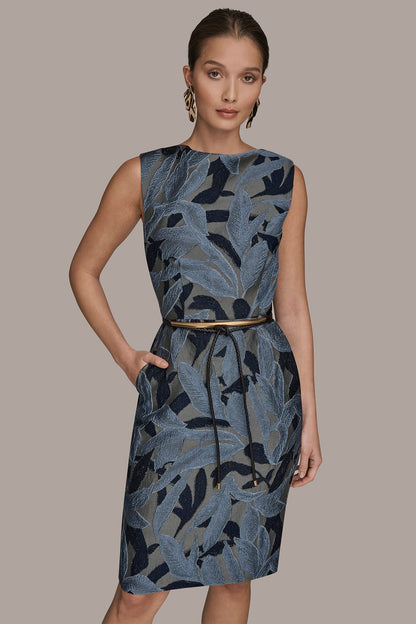 JACQUARD SLEEVELESS COWL-NECK SHEATH DRESS