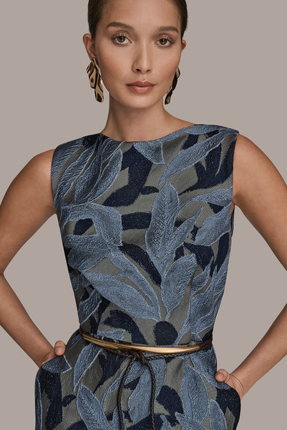 JACQUARD SLEEVELESS COWL-NECK SHEATH DRESS