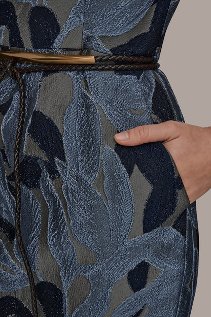 JACQUARD SLEEVELESS COWL-NECK SHEATH DRESS