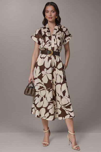 SHORT SLEEVE FLORAL MIDI A-LINE DRESS