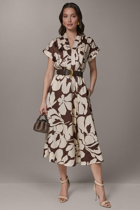SHORT SLEEVE FLORAL MIDI A-LINE DRESS